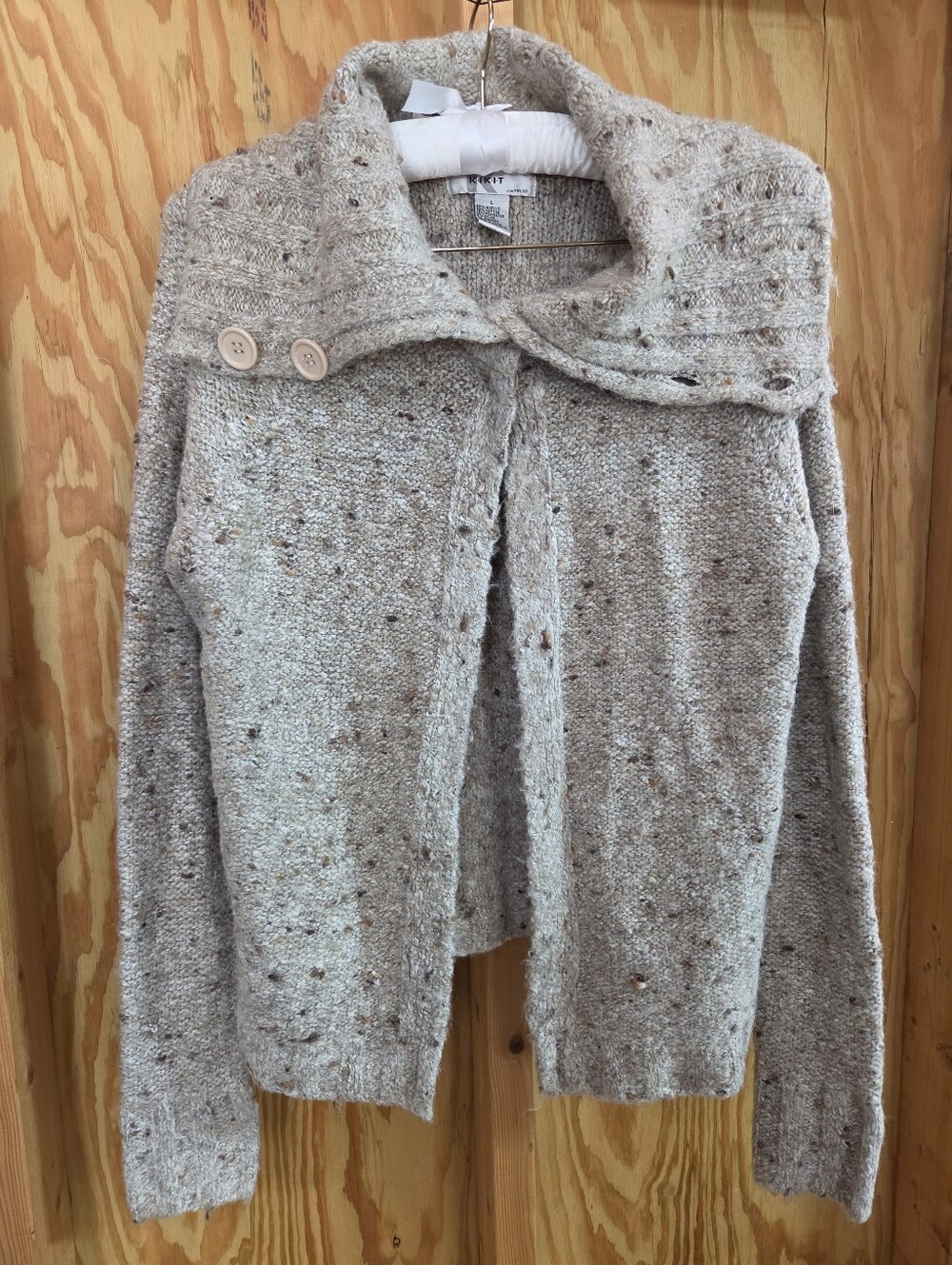 KIKIT Marled Flecked Knit Cowl Neck Cardigan Sweater Neutral Speckled Button Acc